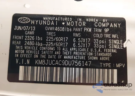 2013 Hyundai Tucson Gls z USA, uszkodzony, nr VIN KM8JUCAC9DU756147